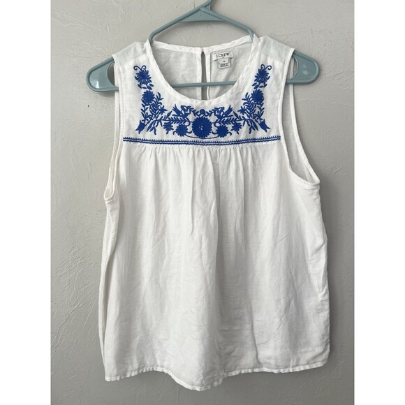 J CREW Embroidered Top White Linen Blend Shirt Size 10 Boxy Swing Blouse - Picture 1 of 5
